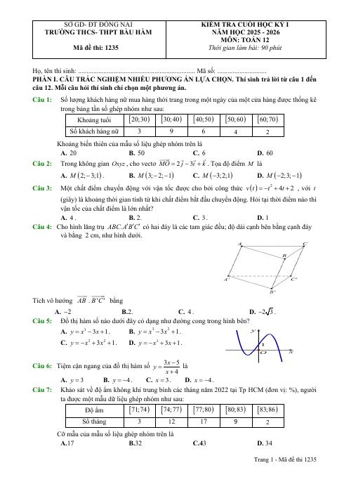Đề thi Học kì 1 Toán 12 năm 2025-2026 trường THCS-THPT Bàu Hàm (Đồng Nai)